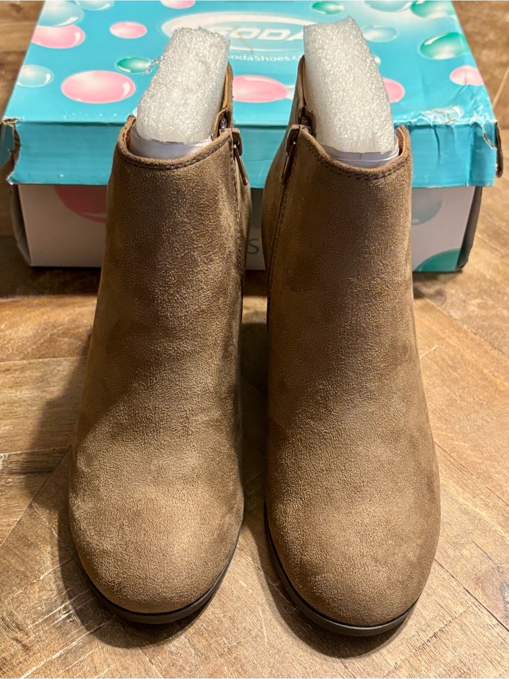 NEW IN BOX by Soda - Brown/Taupe Wedge Ankle Booties with Side Zipper - Picture 6 of 16